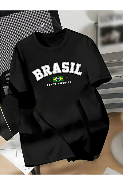 Printiva Zenrova Unisex Oversize BRAZİL Baskılı Pamuklu Bisiklet Yaka Kısa Ko...