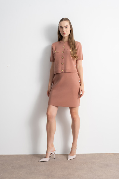 Shophia Gold Buttoned Knitwear Skirt Blouse Set