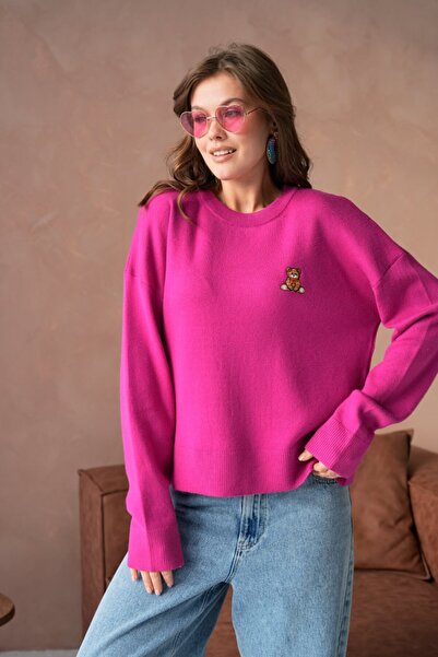 Noi Belis Oversized Teddy Bear Basic Crew Neck Soft Textured Knit Sweater Aw25Kz0105