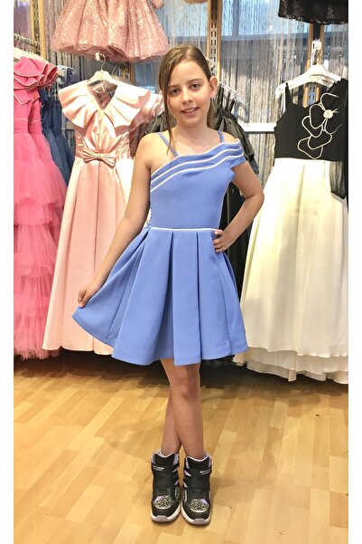 Erkut Rochie scurtă de seară pentru fetiță din țesătură creponată de culoare indigo