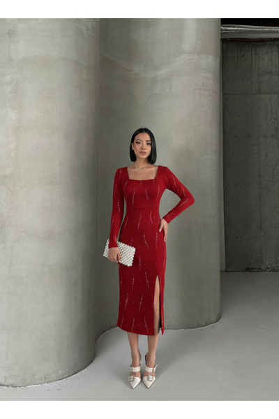 ALFUDO Moda Collection Long Sleeve Midi Length Front Slit Stone Print Fabric Graduation Evening Dress