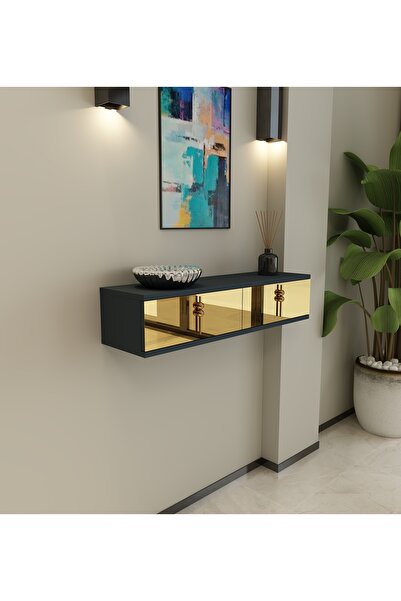 morepp Skyn 90 cm Kapaklı, Raflı ,Duvara Monte Dresuar Antrasit-Altın