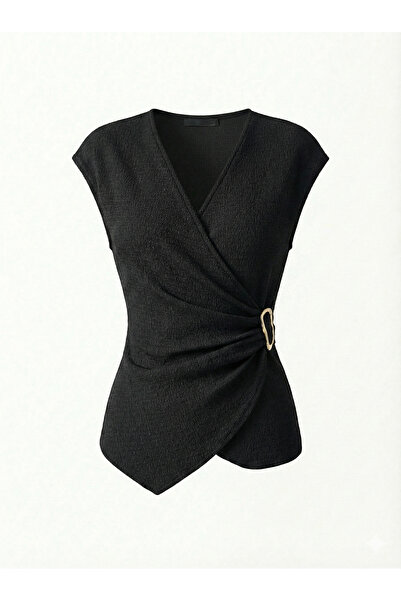 blck & premium Kruvaze gold Toka Detaylı Gömlek/Bluz üstü Kullanıma Uygun V yaka Yelek Tipi Bluz