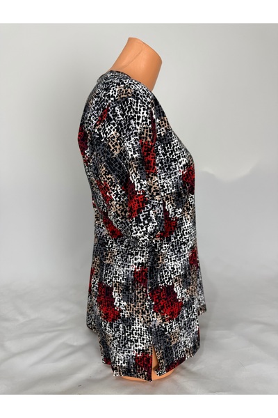 YAŞAR TRİKO Women's Multi-Colored U-Neck Short Sleeve Patterned Slit Woven Viscose Mother Combed Cotton T-Shirt