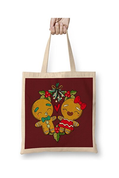 Toyaso Mistletoe Gingerbread Christmas Cookie Man New Year White Cloth Bag Long Handle Shopping Bag