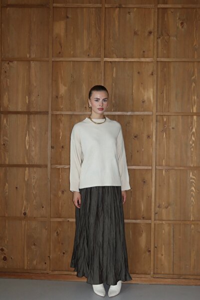 ilmek 25033 Women's Corded Fabric Knitted Detailed Short Sweater Ecru