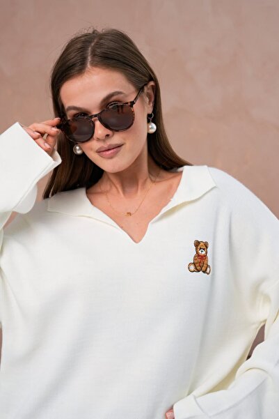 Noi Belis Oversized Polo Neck Teddy Bear Sweater Aw25Kz0111