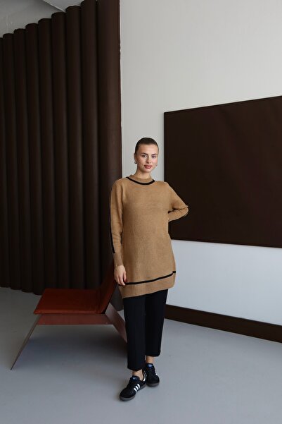 ilmek 25024 Women's Striped Detail Long Sweater Mocha