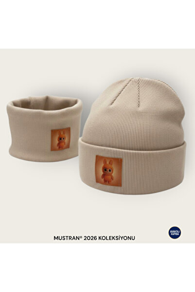 Mustran Labubu 4-12 Years Old Children's 2-Piece Beret Neck Collar Set 95% Cotton Handmade |   Double Layer 4 Layer Ear Gift