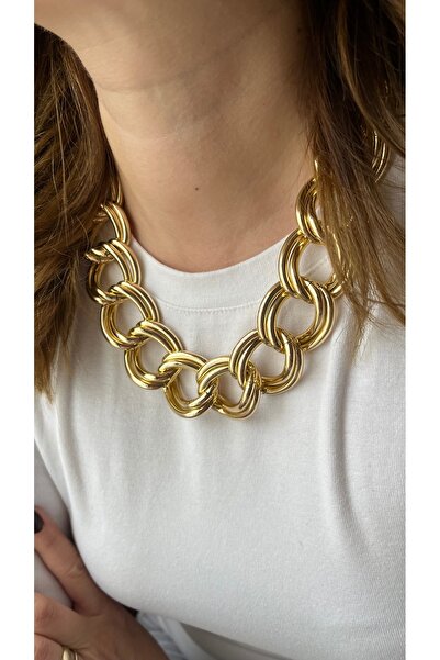 Accessories İç içe geçme halkaların zincir şeklinde büyük gold kolye