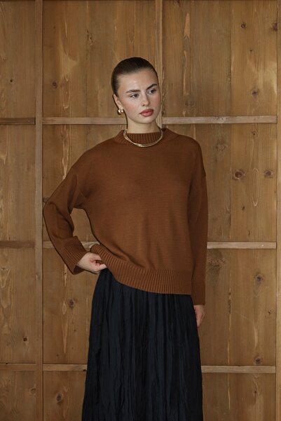 ilmek 25033 Women's Corded Fabric Knitted Detailed Short Sweater Brown