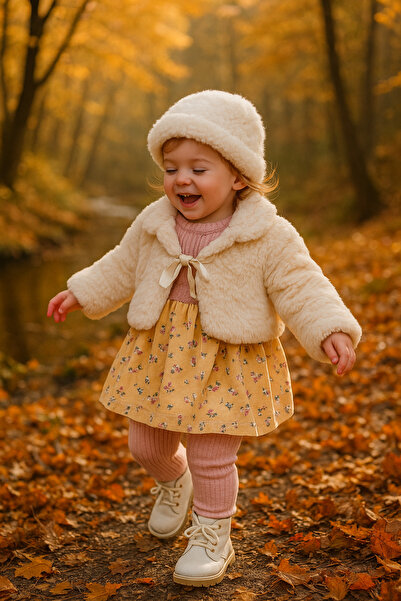 KTS Karamel Çiçek Kış Kombini – Peluş Ceketli 3’lü Kız Bebek Takımı