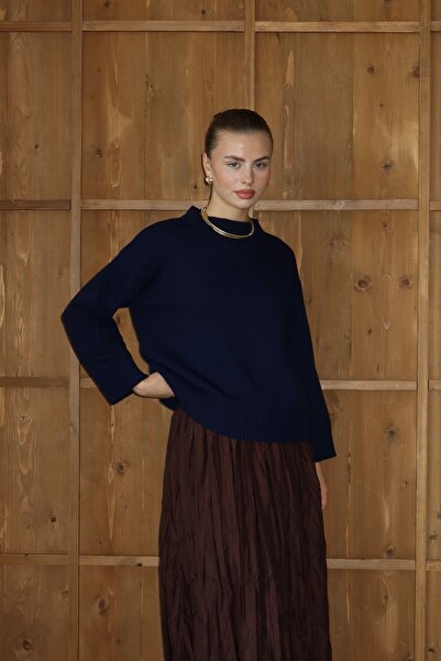 ilmek 25033 Women's Corded Fabric Knitted Detailed Short Sweater Navy Blue