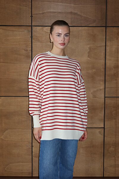 ilmek 25034 Women's Oversized Striped Balloon Sleeve Long Sweater Red