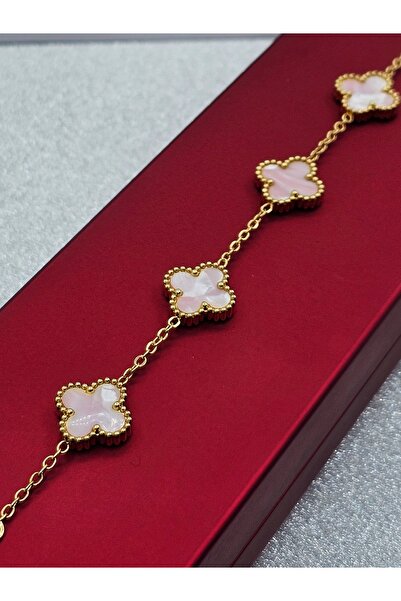 MossoStil Yonca Model Sedefli Pembe Celik Bileklik Van Cleef Altin Renk