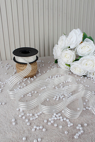 Mortex Cream Hilton Striped Chiffon Ribbon 2.5 cm 20 meters - Wedding Favors, Engagement, Dowry, Gift, Decoration, Party