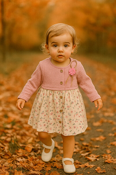 KTS Pembe Güller Sonbahar Kız Bebek Elbisesi