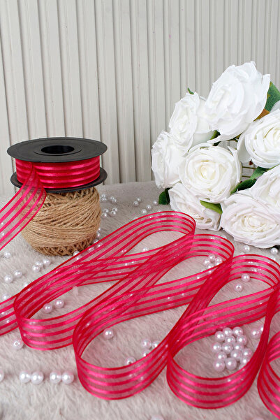 Mortex Fuchsia Hilton Striped Chiffon Ribbon 2.5 cm 20 Meters - Wedding, Engagement, Dowry, Gift, Decoration, Party