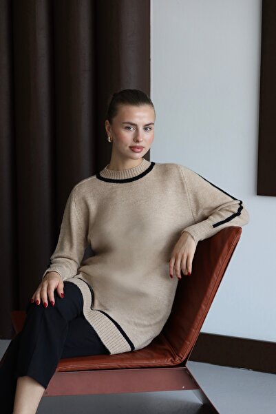 ilmek 25024 Women's Striped Detail Long Sweater Mink