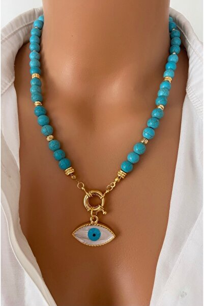 TARZ-I TAKI Natural Stone Blue Turquoise Turquoise Stone Gold Plated Eye Pend...