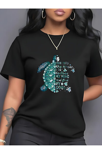 Printiva تيشيرت أسود بأكمام قصيرة ورقبة دائرية مطبوع صورة سلحفاة، من زينروفا،...