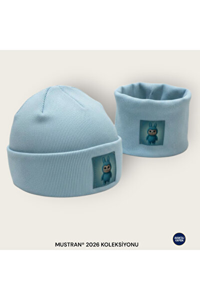 Mustran Labubu 4-12 Years Old Children's 2-Piece Beret Neck Collar Set 95% Cotton Handmade |   Double Layer 4 Layer Ear Gift