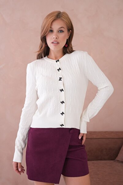 Noi Belis Basic Ribbon Button Detailed Hair Braided Knitwear Cardigan Aw25Hi0066