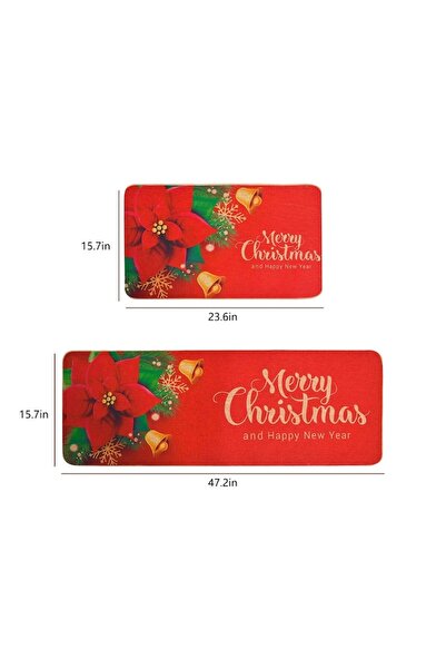 OEM Set of 2 Christmas Kitchen Rugs, Red, 16x24in + 16x48in, with Non-Slip Backing