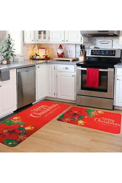 OEM Set of 2 Christmas Kitchen Rugs, Red, 40x60cm + 40x120cm, Anti-Slip, Easy to Clean