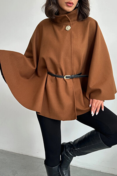 Lusin Women's Tan Gold Button and Belt Detailed Cashmere Poncho Jacket