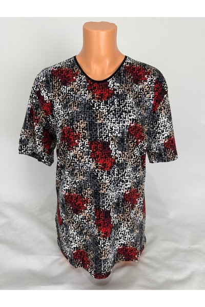 YAŞAR TRİKO Women's Multi-Colored U-Neck Short Sleeve Patterned Slit Woven Viscose Mother Combed Cotton T-Shirt