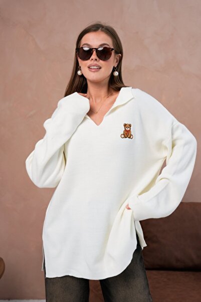 Noi Belis Oversized Polo Neck Teddy Bear Sweater Aw25Kz0111