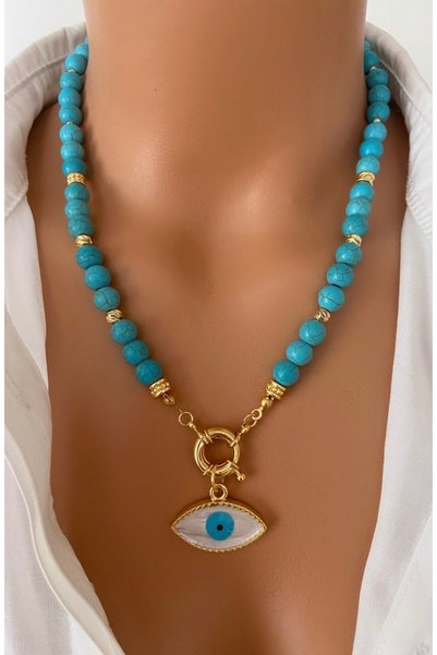 TARZ-I TAKI Natural Stone Blue Turquoise Stone Gold Plated Eye Pendant Mother's Lover Special Day Gift in Gift Box