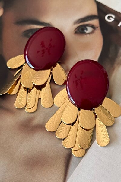 Trendy Butik Burgundy Color Gold Dangle Earrings