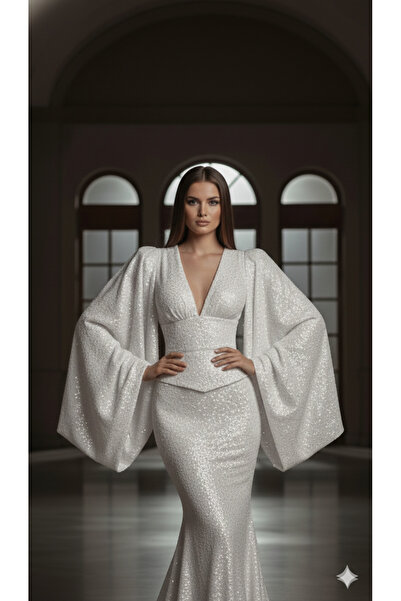 makbuleofficial Payetli Beyaz Nişan Nikah Elbisesi