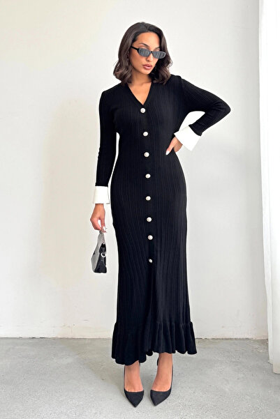 Lusin Women's black chic ankle-length button-down long knit dress