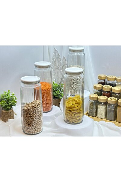 aden glass Vakumlu Beyaz Kapak Çizgili Uzun Bakliyat Çok Amaçlı Kavanoz 4 Lü ...