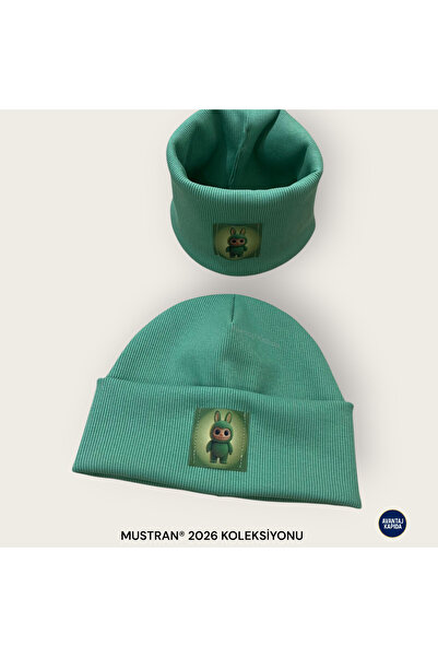 Mustran Labubu 4-12 Years Old Children's 2-Piece Beret Neck Collar Set 95% Cotton Handmade |   Double Layer 4 Layer Ear Gift