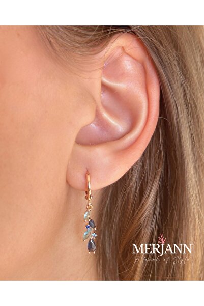 Merjann Accessories Mavi -Lacivert Taşlı Altın Renk Sallantılı Küpe