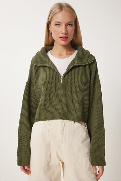 MsLena Butik Zippered Turtleneck Short Crop Sweater Khaki M318-6752