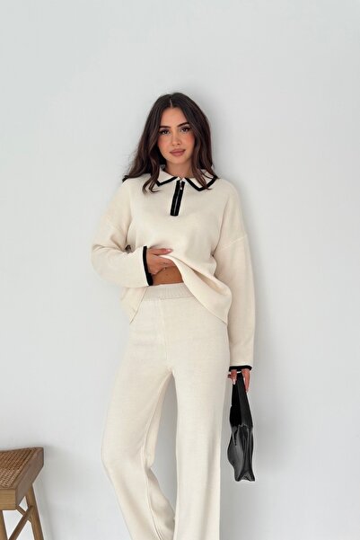 Noi Belis Oversized Half Zipper Polo Neck Knitwear Bottom-Top Set Aw25Au0048
