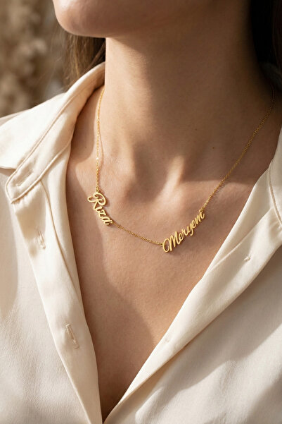 neshely jewelry 925 Ayar Gümüş İki İsimli Kişiselleştirilebilir 14 Ayar Altın Kaplama Gold Rengi Gümüş Kolye
