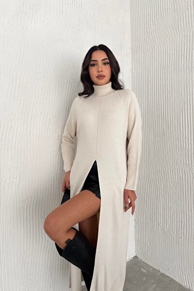 Noi Belis Maxiboy Turtleneck Slit Detailed Knitwear Dress Aw25El0025