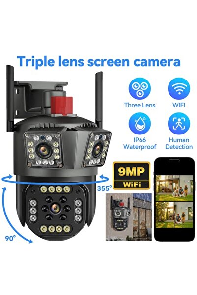 OBSIDION 9MP PTZ WiFi Camera 3-Lens Outdoor Waterproof Auto Tracking IP Security Camera