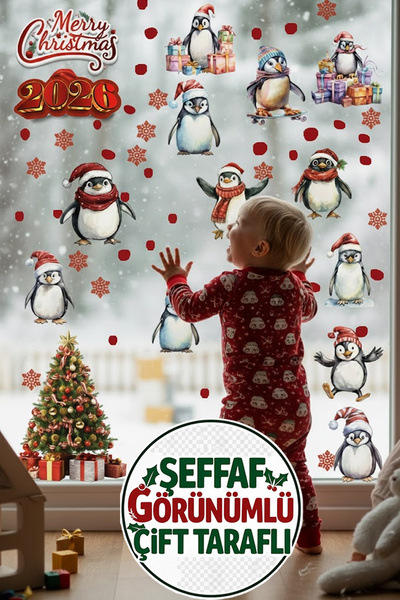 Kt Grup 2026 Yeni Yıl Şeffaf Çift Taraflı Yılbaşı Penguenleri Kapı Dolap Penc...
