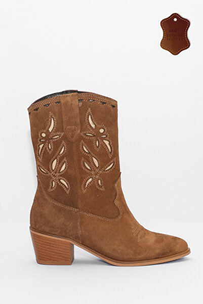 wanita milano Kadın Süet Kovboy Bot İşlemeli Gerçek Deri Western Tarz Rahat K...