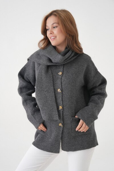 Noi Belis Oversized Soft Textured Shawl Detailed Buttoned Knitwear Cardigan Aw25Hi0069