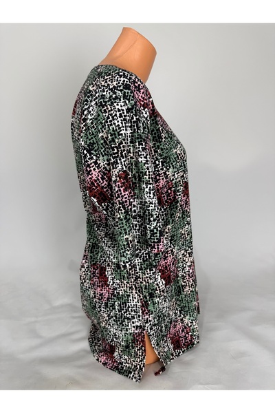 YAŞAR TRİKO Women's Multi-Colored U-Neck Short Sleeve Patterned Slit Woven Viscose Mother Combed Cotton T-Shirt