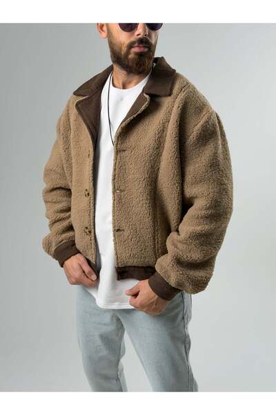 COCOPELLI Cardigan maro din pluș pentru bărbați cu detalii brodate COC2578