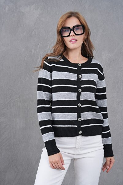 Noi Belis Striped Soft Textured Knitwear Cardigan Aw25Hi0068